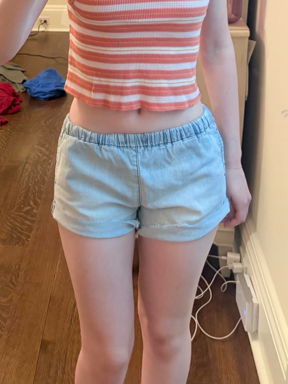 Light Blue Women's Elastic-Waist Denim Shorts